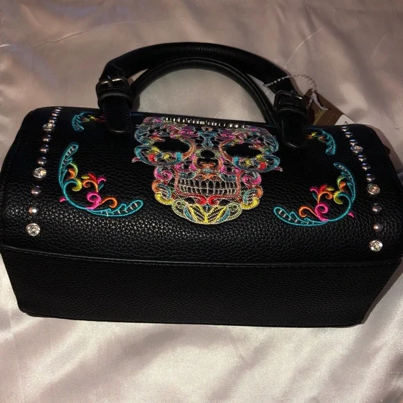 Montana West Black Faux Leather Embroidered Sugar Skull Satchel Crossbody NWT - Picture 2 of 16
